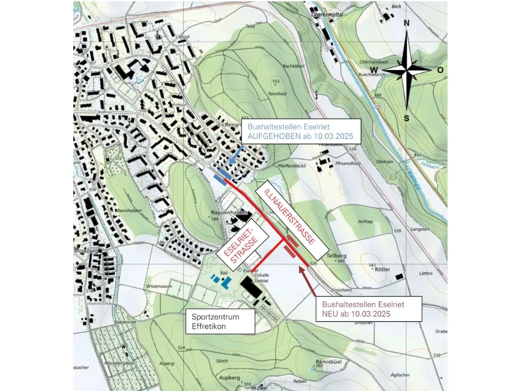 Die neue Eselrietstrasse samt Haltestelle wird ab Montag in Betrieb genommen. Eine Karte mit der verschobenen Haltestelle.